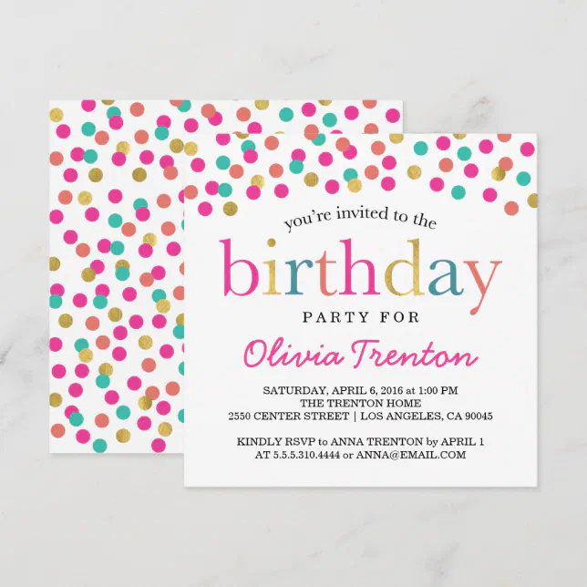 Colorful Confetti Birthday Party Invitations | Zazzle