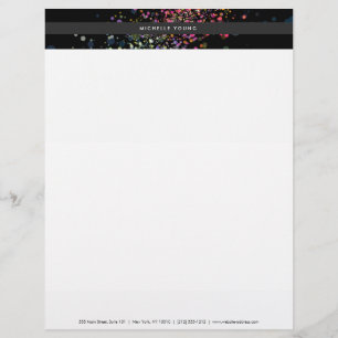 Colorful Confetti Bokeh on Black Modern Letterhead