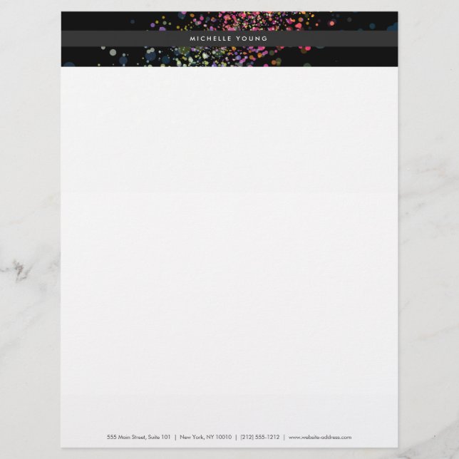Colorful Confetti Bokeh on Black Modern Letterhead (Front)