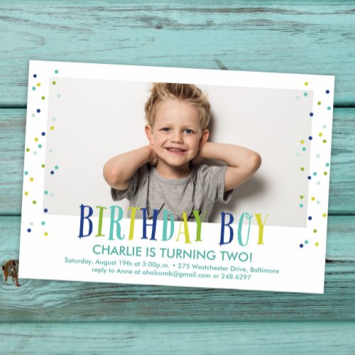 Colorful Confetti Boy Photo Birthday Party Invitation