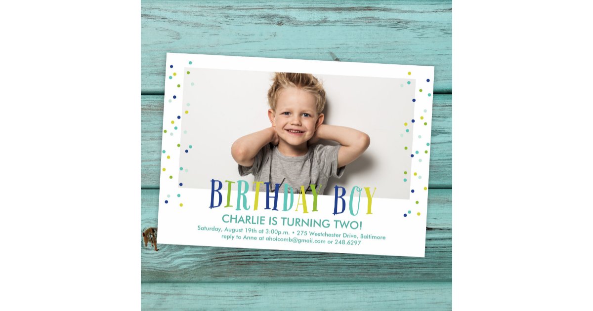 Colorful Confetti Boy Photo Birthday Party Invitation | Zazzle