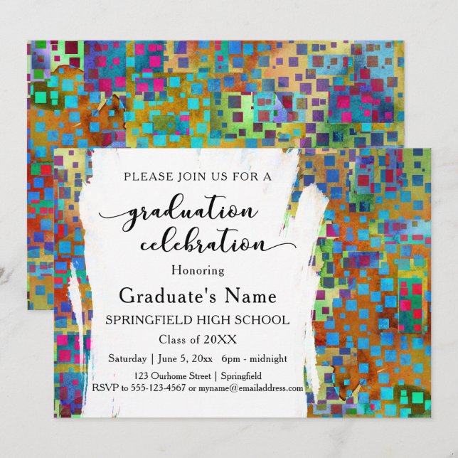 Colorful Confetti & Brushstrokes Graduation Party Invitation (Front/Back)