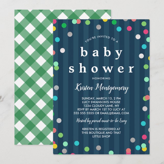 Colorful Confetti  - Dark Blue Baby Shower Invitation (Front/Back)