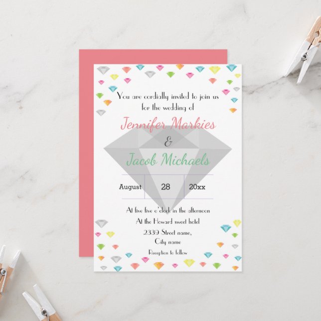 Colorful Confetti & Diamond Wedding Invitation  (Front/Back In Situ)