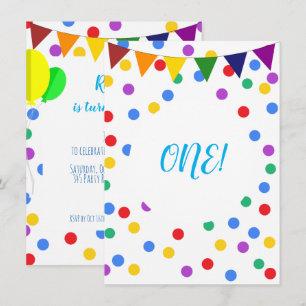 Colorful Confetti Dots and Balloons 1st Birthday Invitation