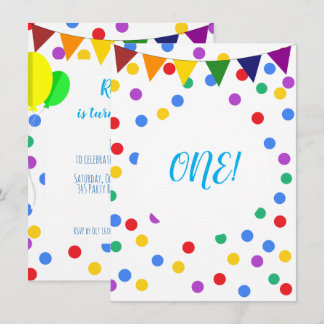 Colorful Confetti Dots and Balloons 1st Birthday Invitation