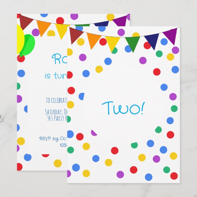 Colorful Confetti Dots and Balloons 2nd Birthday Invitation (Front/Back)