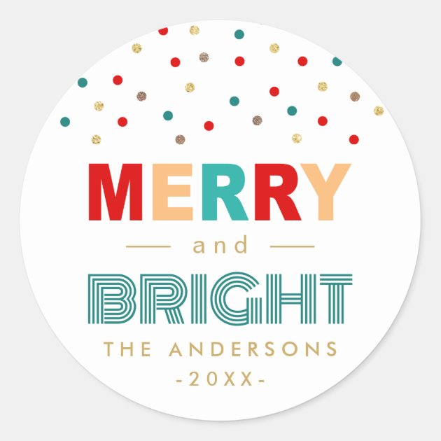 Colorful Confetti Dots Merry And Bright Christmas Classic Round Sticker