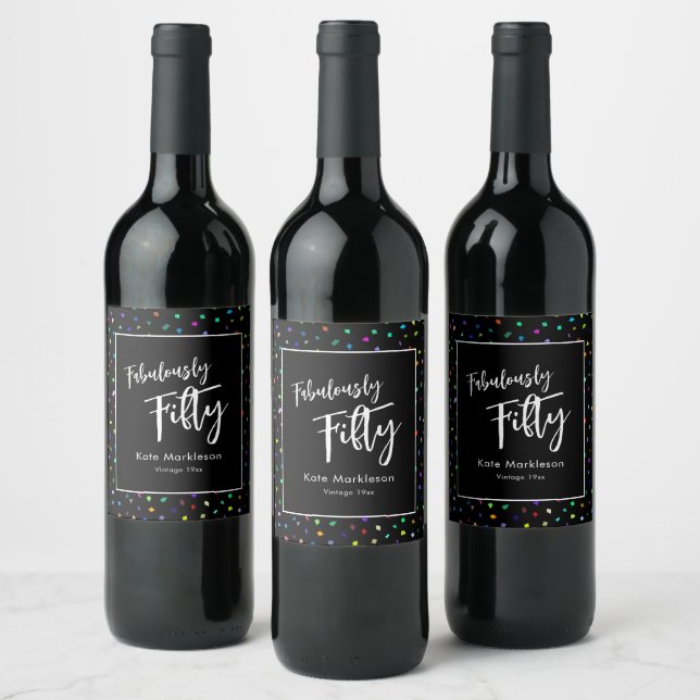 Colorful Confetti Fabulously Fifty Party Black Wine Label (Bottles)