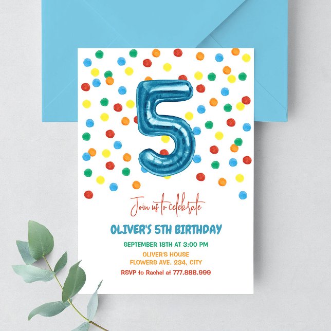 Colorful Confetti Five Balloon 5th Birthday Boy Invitation (Creator Uploaded)