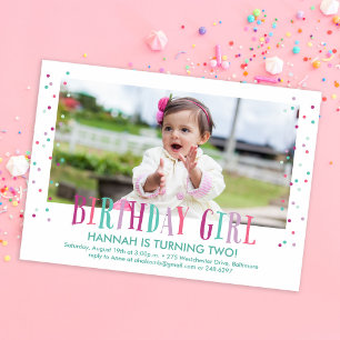 Colorful Confetti Girl Photo Birthday Party Invitation