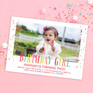 Colorful Confetti Girl Photo Birthday Party Invitation