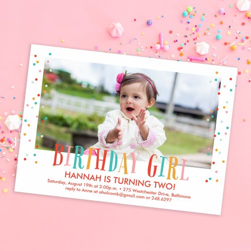 Colorful Confetti Girl Photo Birthday Party Invitation