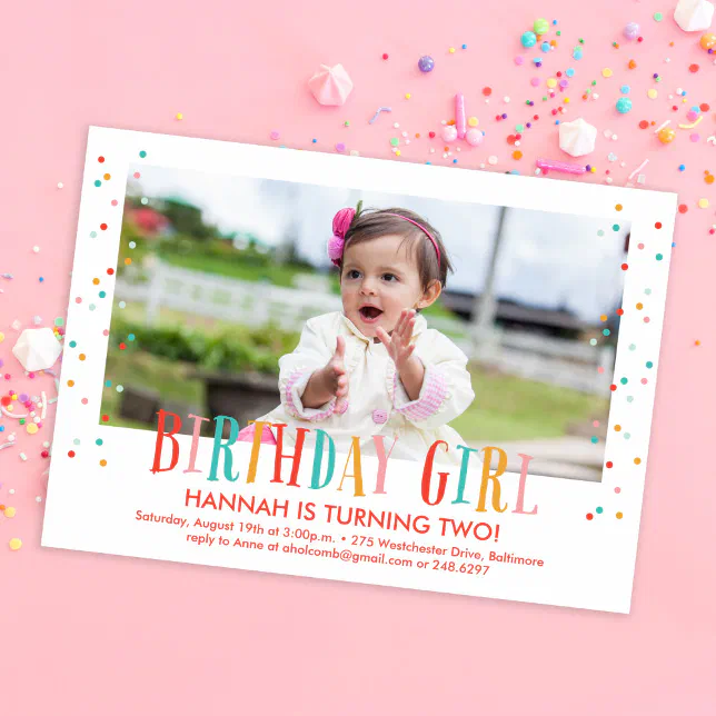 Colorful Confetti Girl Photo Birthday Party Invitation | Zazzle