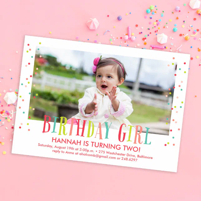 Colorful Confetti Girl Photo Birthday Party Invitation | Zazzle