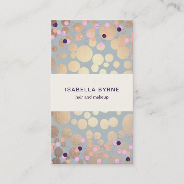 Colorful Confetti & Gold Circles Look Beauty Salon Business Card (Front)
