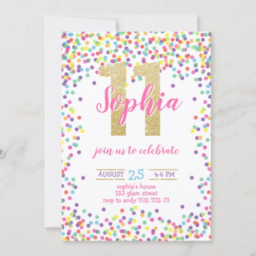 Colorful Confetti Gold Number Girl 11th Birthday Invitation