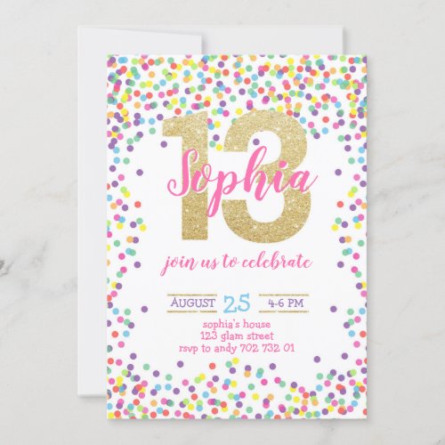 Colorful Confetti Gold Number Girl 13th Birthday Invitation