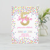 Colorful Confetti Gold Rainbow Girl 5th Birthday Invitation (Standing Front)