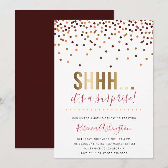Colorful Confetti | Gold Surprise Birthday Party Invitation (Front/Back)