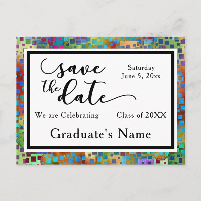 Colorful Confetti Graphic Graduation Save the Date Announcement Postcard (Front)