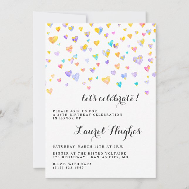 Colorful Confetti Hearts Birthday Party Invitation (Front)