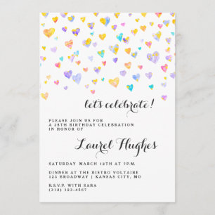 Colorful Confetti Hearts Birthday Party Invitation