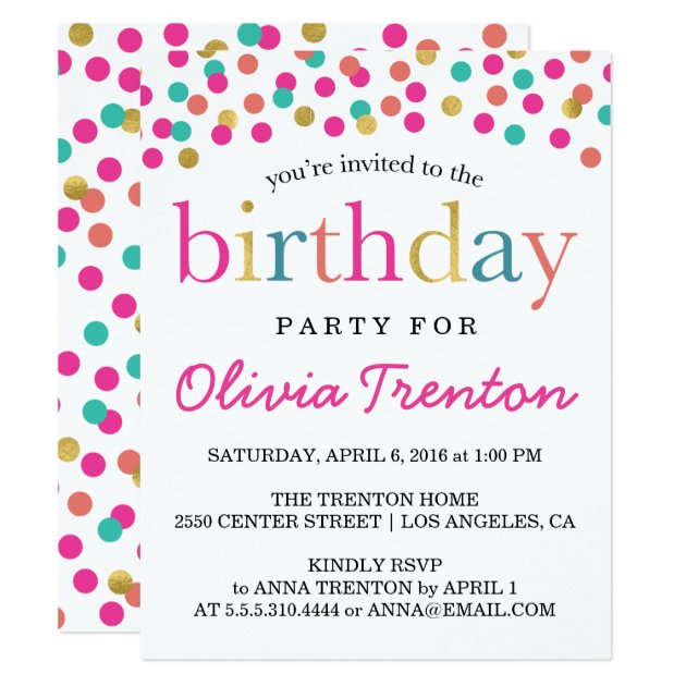 Colorful Confetti Kids Birthday Party Invitations