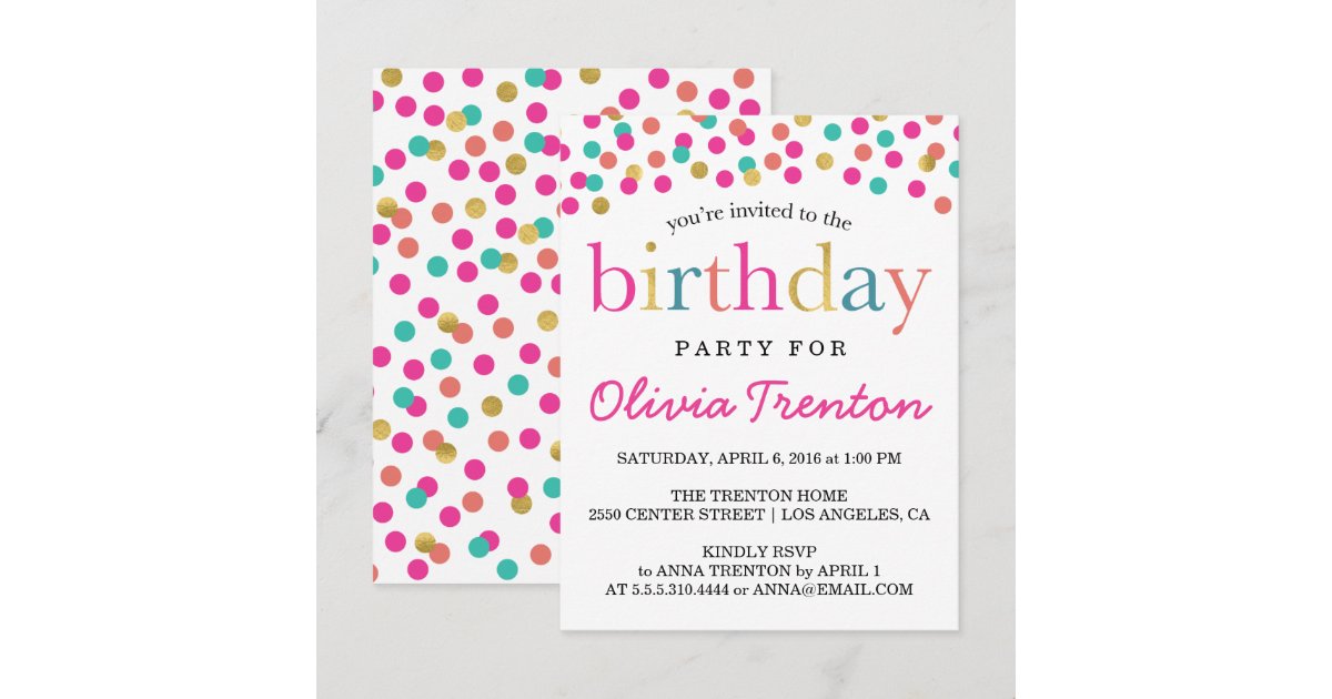 Colorful Confetti Kids Birthday Party Invitations Zazzle