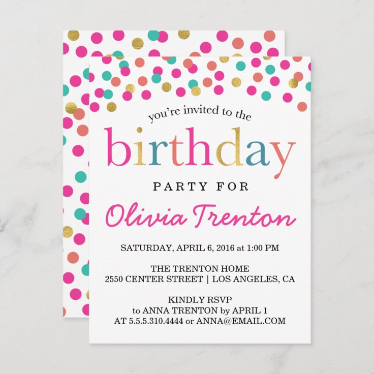 Colorful Confetti Kids Birthday Party Invitations Zazzle