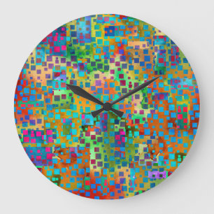 Colorful Confetti, Multicolored Abstract w Squares Large Clock