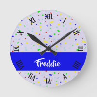 Colorful confetti on purple round clock