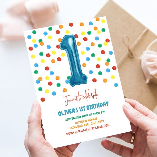 Colorful Confetti One Balloon 1st Birthday Boy Invitation (Creator Uploaded)