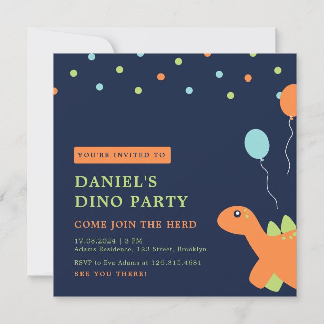Colorful Confetti Party Dinosaur Birthday Invitation (Front)