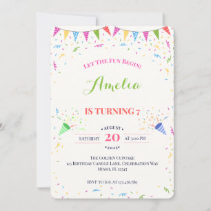 Colorful Confetti Pennant Banner 7th Birthday Invitation