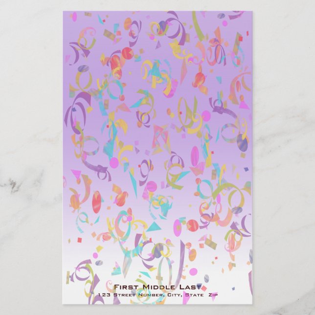 Colorful Confetti Pieces Violet Gradient Custom Stationery (Front)