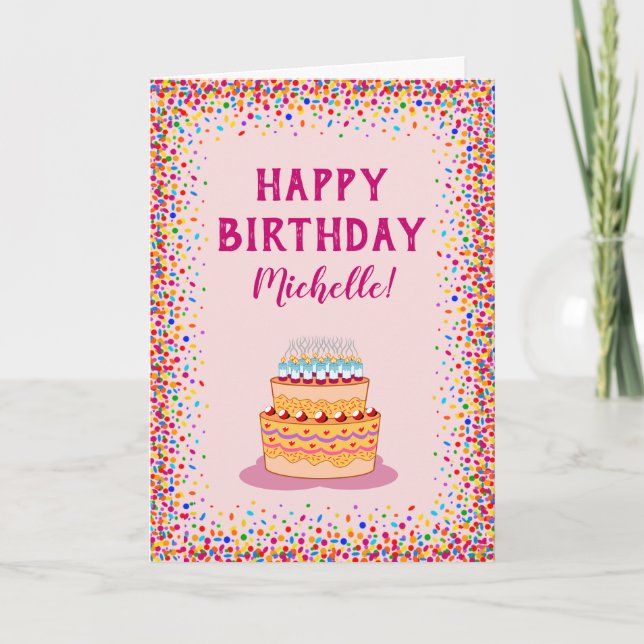 Colorful Confetti Pink Cake Birthday Celebration Card (Front)