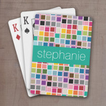 Colorful Confetti Pink Lime Green Custom Name Poker Cards