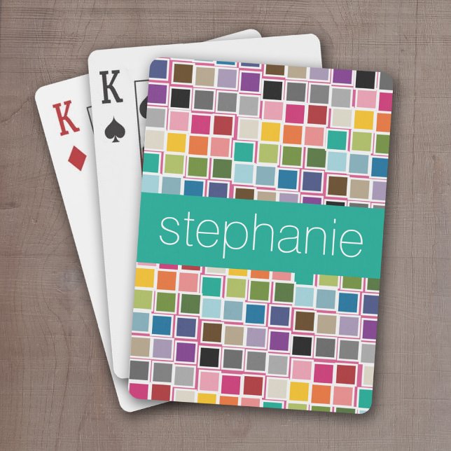 Colorful Confetti Pink Lime Green Custom Name Poker Cards (Personalize this set of playing cards with a monogram and funky confetti patterns)