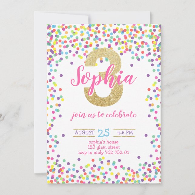Colorful Confetti Rainbow Gold Girl 3rd Birthday Invitation (Front)