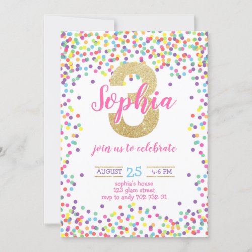 Colorful Confetti Rainbow Gold Girl 3rd Birthday Invitation