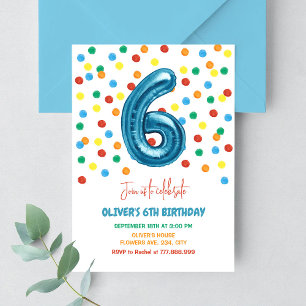 Colorful Confetti Six Balloon 6th Birthday Boy Invitation