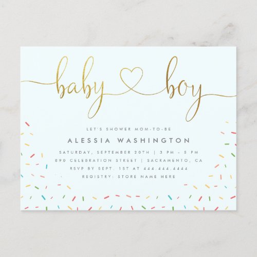 Colorful Confetti Sprinkle Gold Boy Baby Shower Invitation Postcard