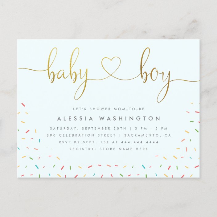 Colorful Confetti Sprinkle Gold Boy Baby Shower Invitation Postcard