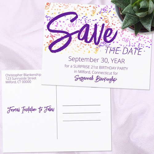 Colorful Confetti Top Purple Text Special Occasion Announcement Postcard