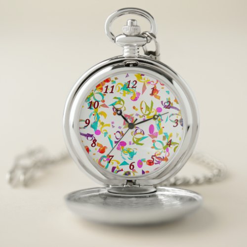 Colorful Confetti Toss and Red Numbered Face Pocket Watch