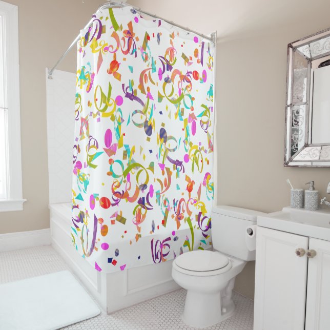 Colorful Confetti Toss Artwork Shower Curtain (In Situ)