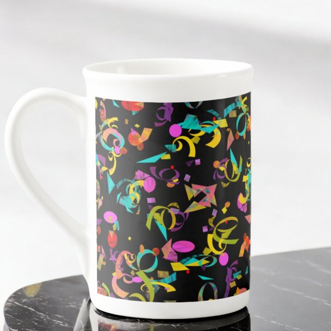 Colorful Confetti Toss Background Over Black Bone China Mug (colorful confetti on black bone china mug)