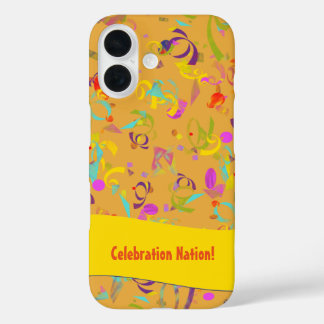 Colorful Confetti Toss Over Orange Personalized iPhone 16 Case