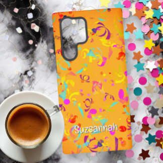 Colorful Confetti Toss Over Orange Personalized Samsung Galaxy S22 Ultra Case